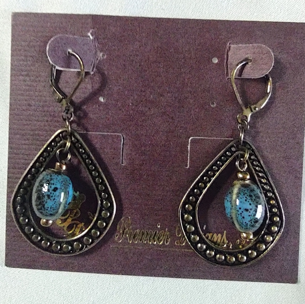 Premier Designs Teardrop Earrings with Blue and Gold Accents